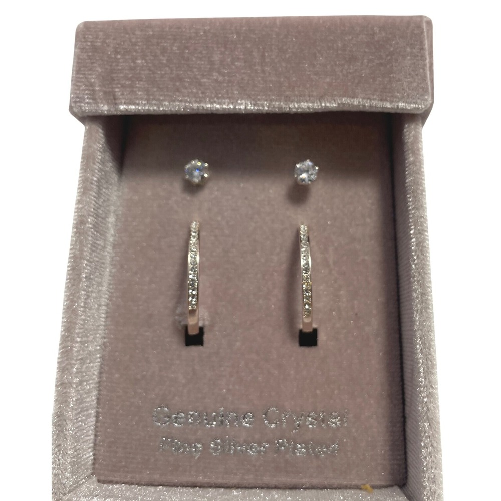 City x City Genuine Crystal Earrings Set Silver Plated Studs & Small Hoop Gift‎